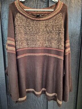 Ethyl "The Aleah" Brown Marled Crewneck Sweater with Rust Accent Stripes